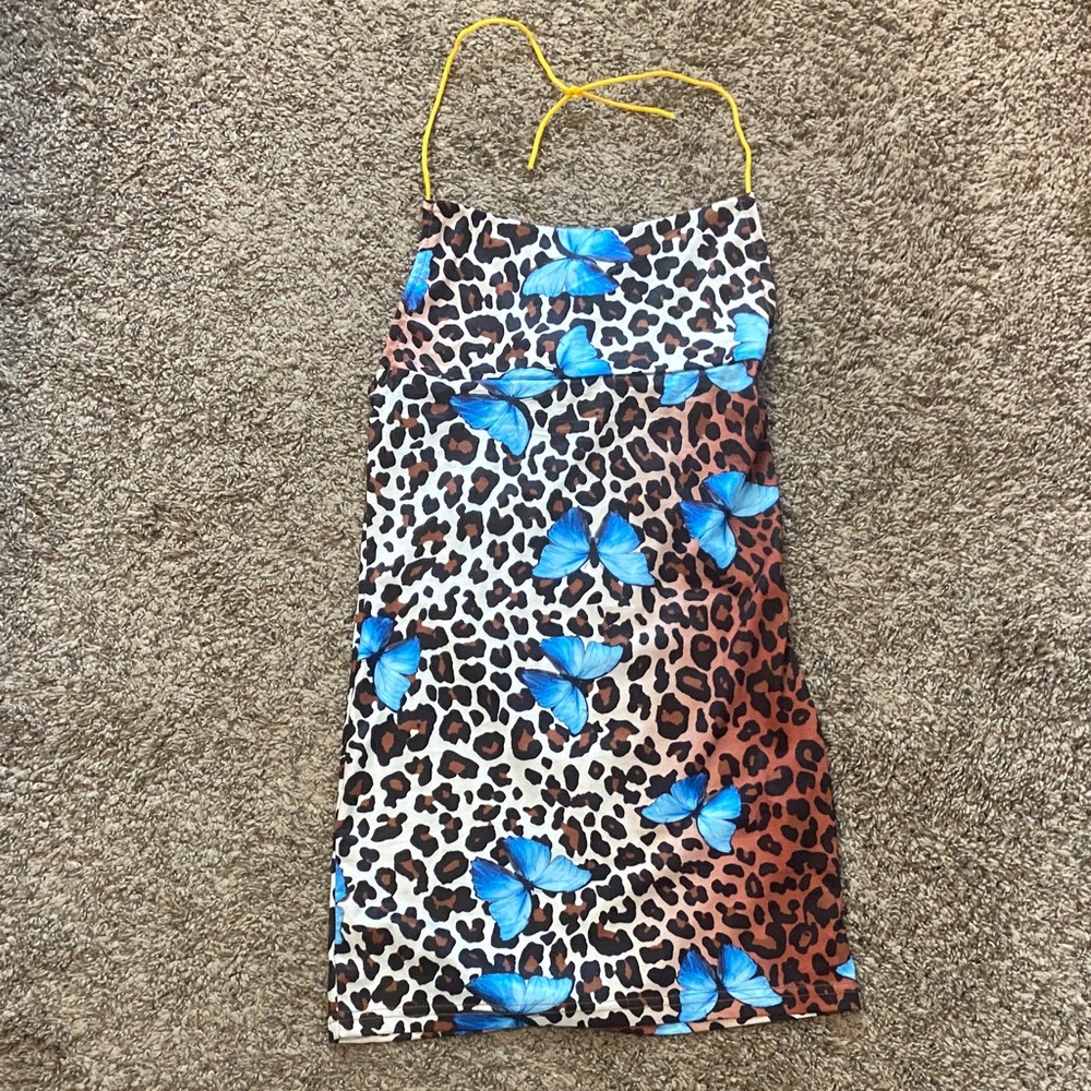 ☀️ SHEIN Blue Butterfly Leopard Print Mini Dress with Yellow Straps